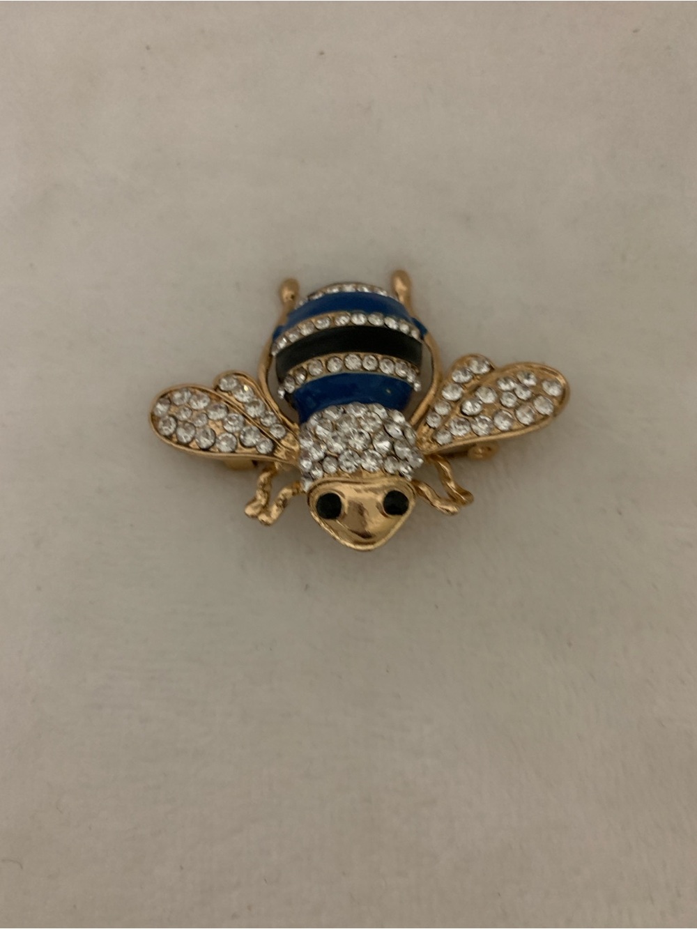 Gold Crystal Bee Brooch with Blue and Black Enamel